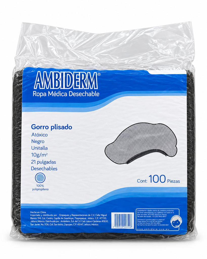 [AMB-151] Gorro Plisado Ambiderm Negro – Bolsa con 100