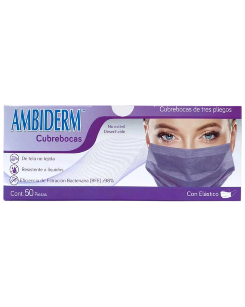 [AMB-154] Cubrebocas adulto Ambiderm Violeta 3 pliegos – Caja con 50